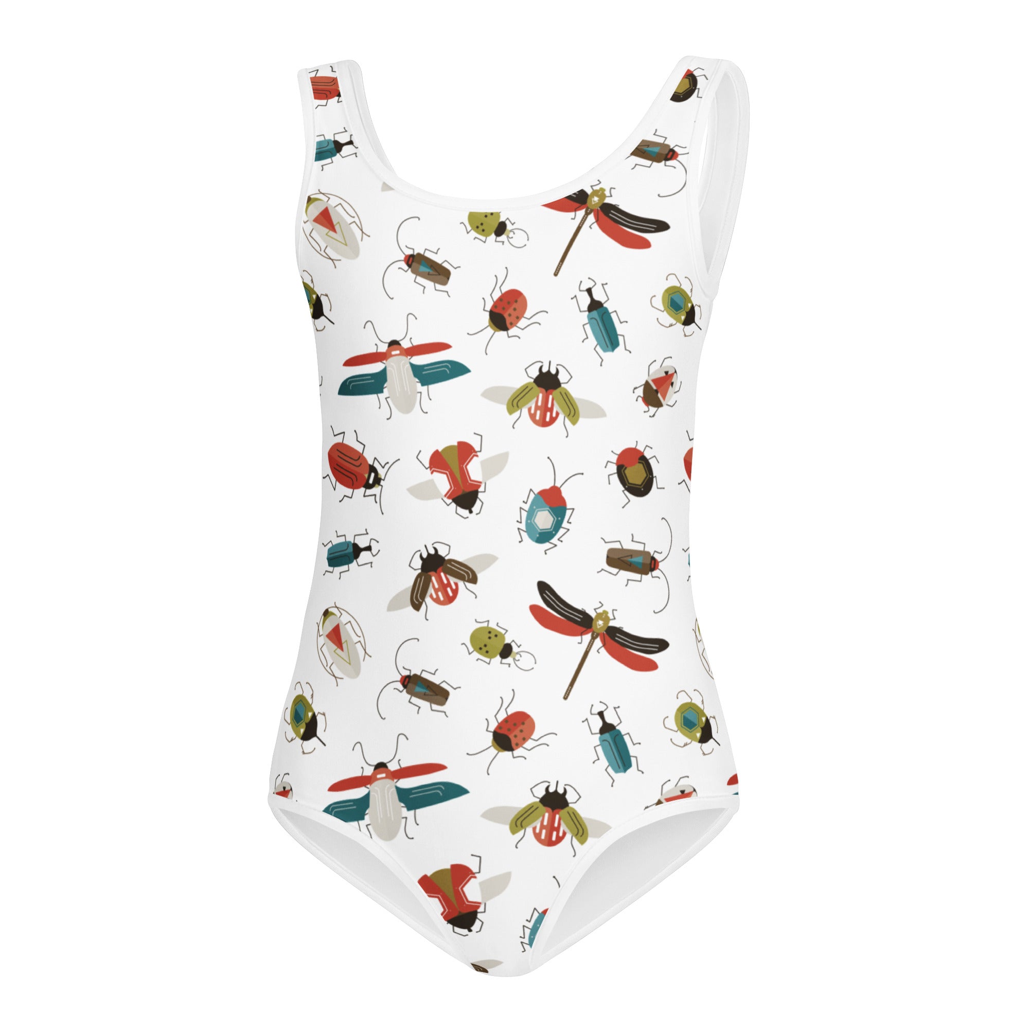 White girls one-piece swimsuit with colorful insect pattern in reds blues greens and teals quick drying buttery soft fabric