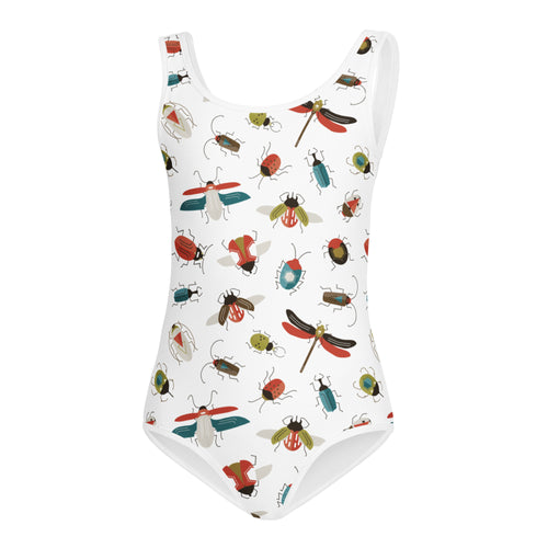 White girls one-piece swimsuit with colorful insect pattern in reds blues greens and teals quick drying buttery soft fabric