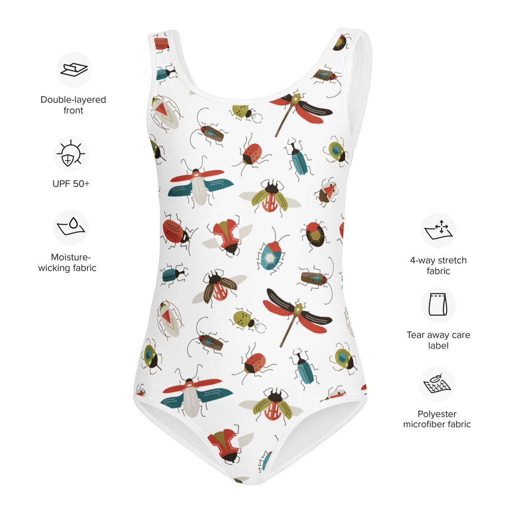 White girls one-piece swimsuit with colorful beetles and dragonflies pattern buttery soft fabric upf 50 plus protection
