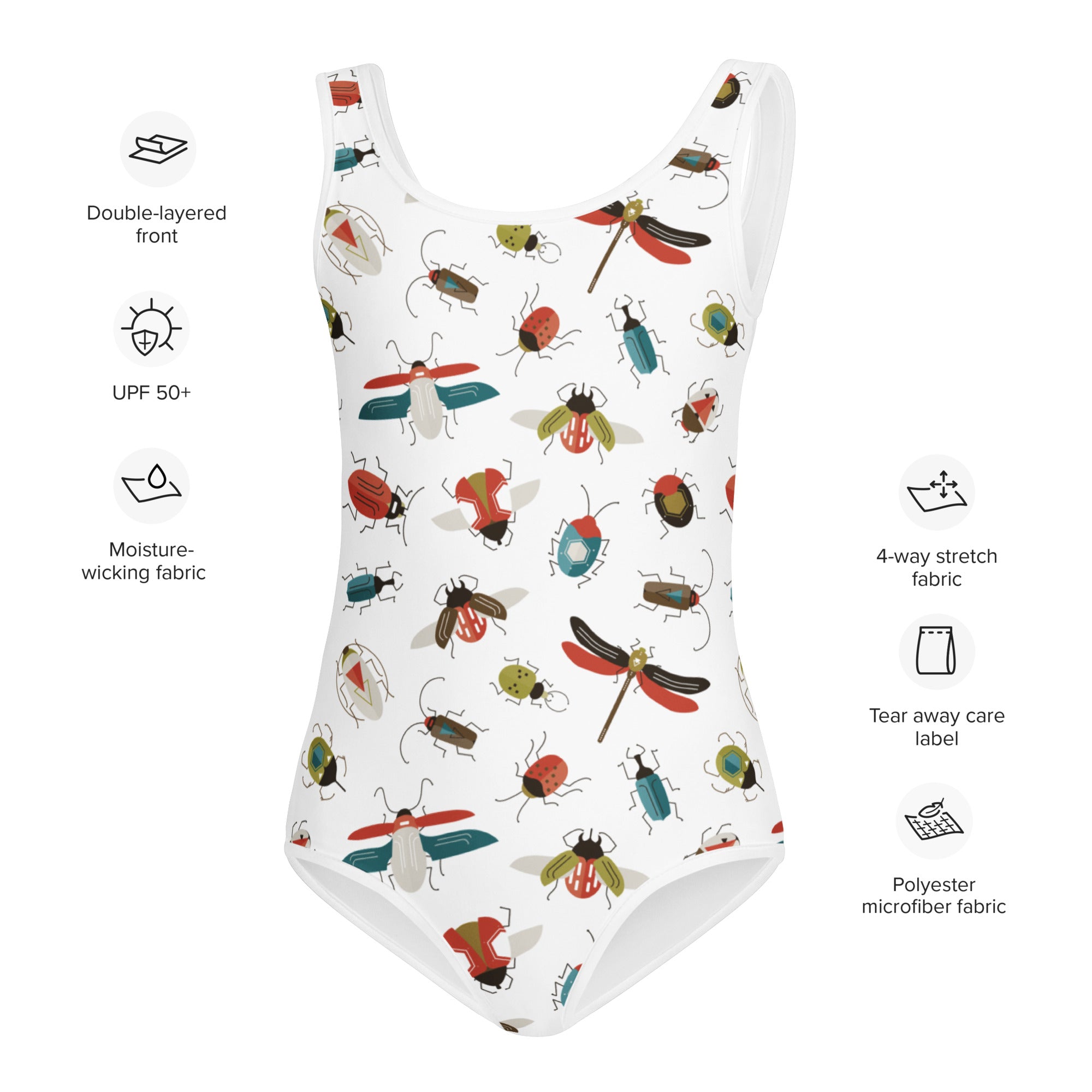 Girls colorful insects buttery soft white one-piece swimsuit with quick drying fabric and playful beetle and dragonfly print