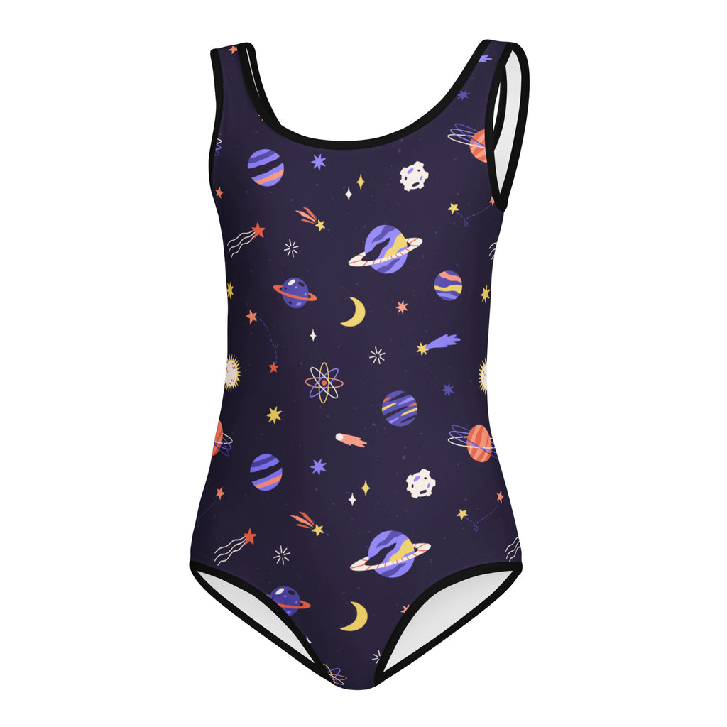 Girls purple galaxy space buttery soft quick drying navy blue one-piece swimsuit with colorful planet and star print