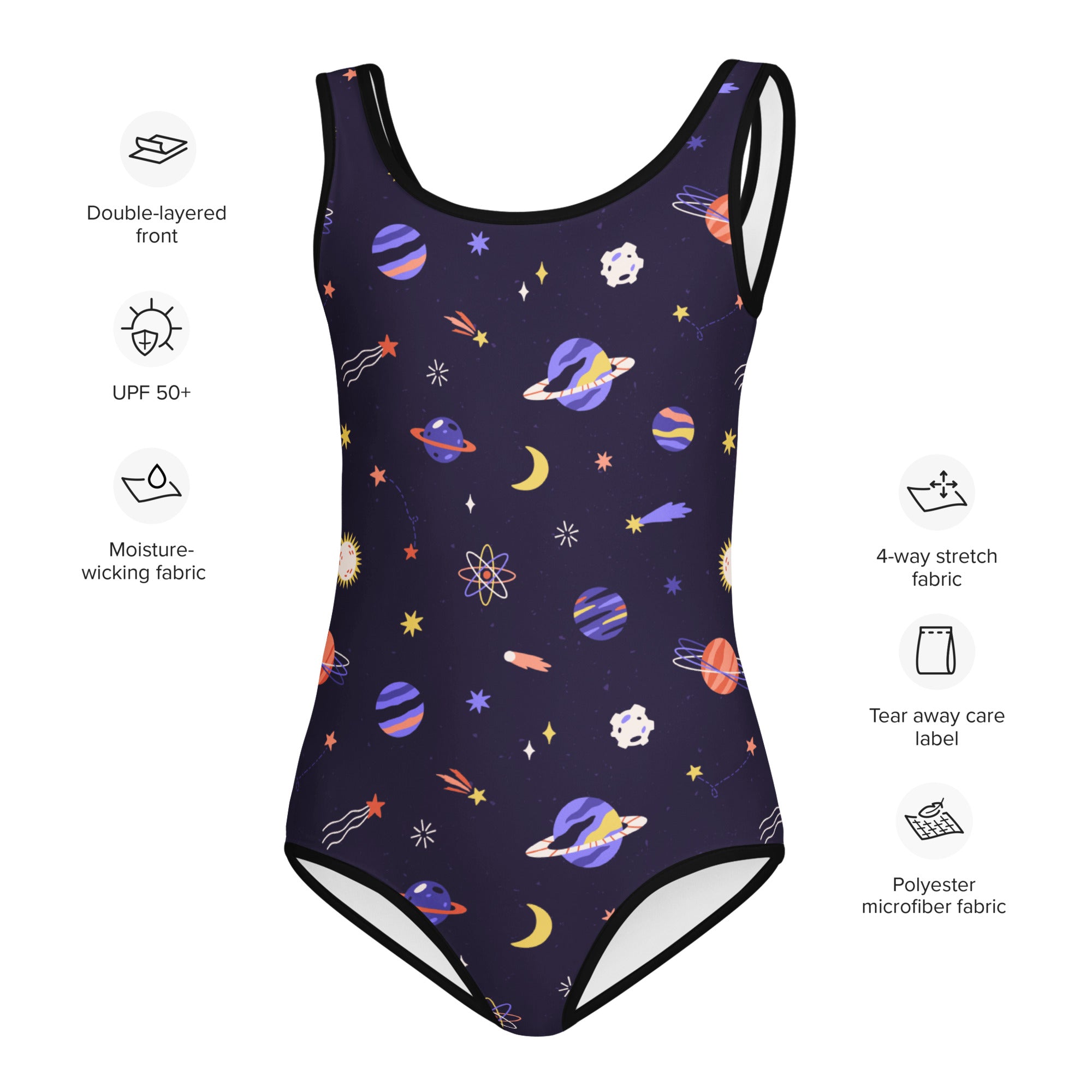 Girls purple galaxy space buttery soft navy blue one-piece swimsuit with vibrant planets and stars for dance and gymnastics