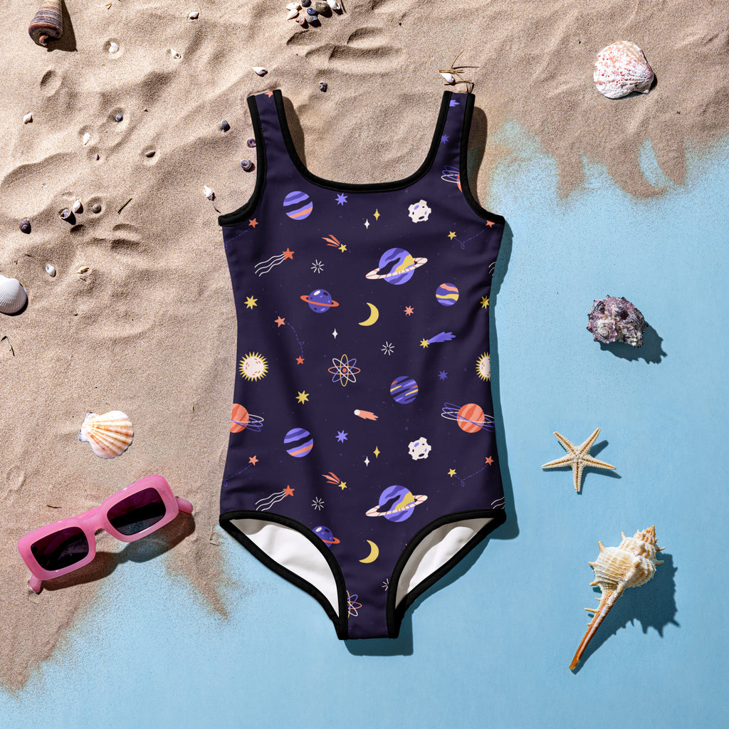 Girls purple outer space buttery soft navy one-piece swimsuit with vibrant planet and star print and UPF 50+ protection