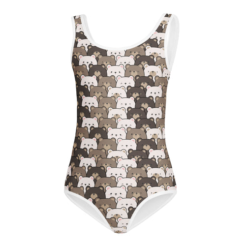 Girls bear face buttery soft one-piece swimsuit with playful bear pattern and white trim for dance and gymnastics