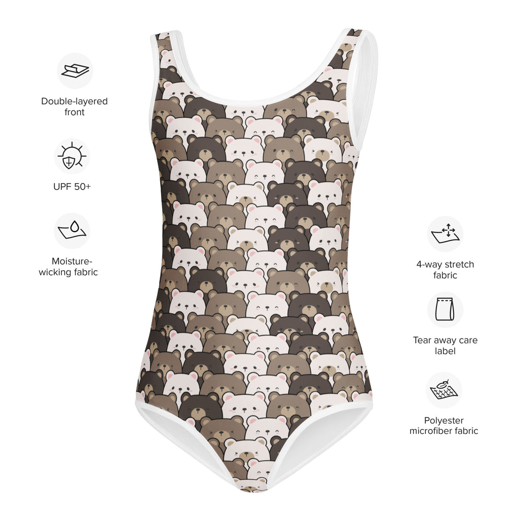 Girls bear face buttery soft swimsuit with UPF 50 plus featuring brown and white cartoon bears in moisture-wicking fabric
