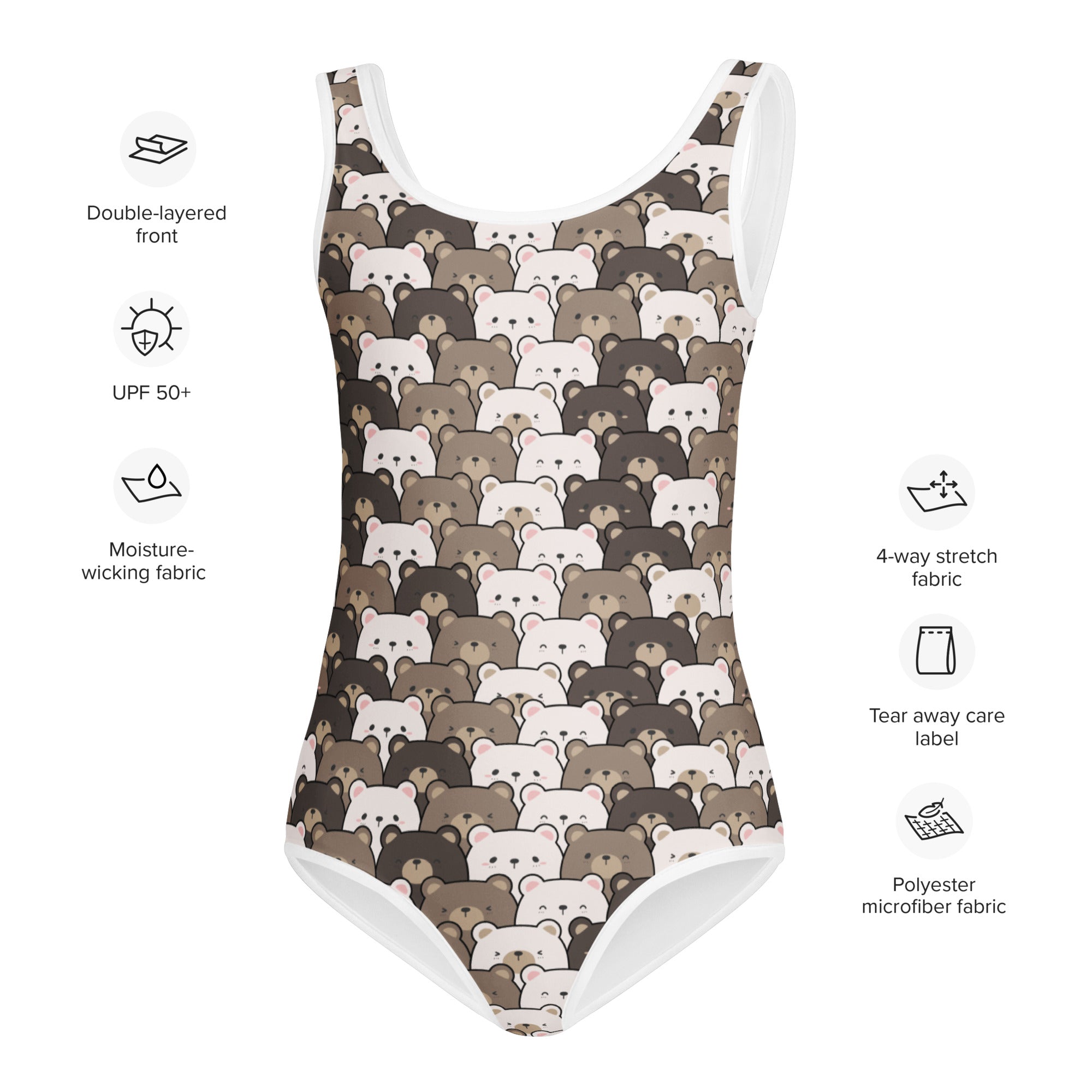 Girls bear face buttery soft leotard with cartoon bear pattern in brown and white made of quick drying polyester microfiber