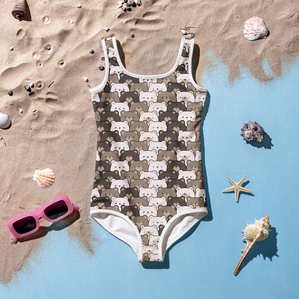 Girls bear face buttery soft one-piece swimsuit with cartoon bear pattern and white trim featuring UPF 50 plus protection