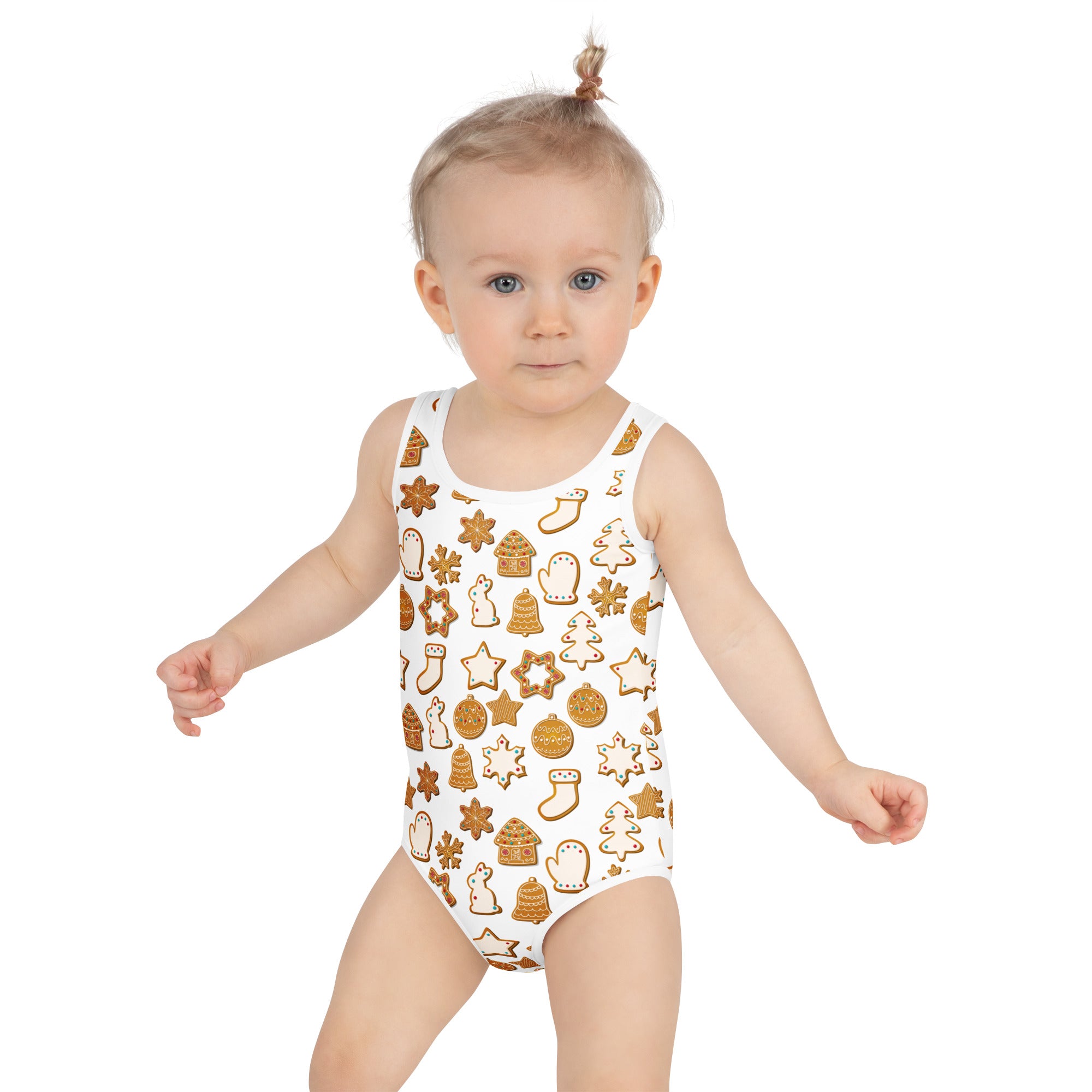 Girls white one-piece swimsuit with brown gingerbread cookie pattern buttery soft fabric and UPF 50 plus protection