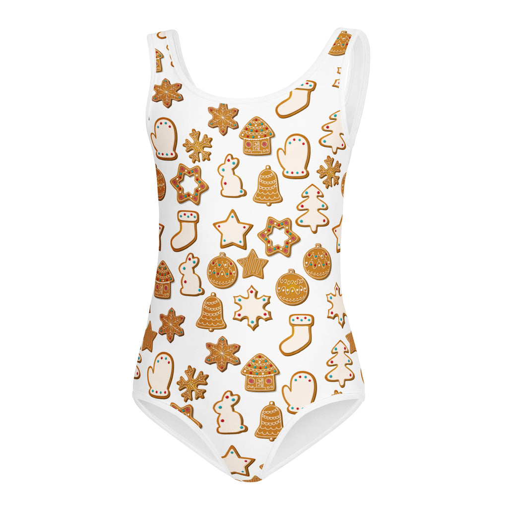 White one-piece girls leotard with festive gingerbread cookie pattern in brown and tan quick drying for dance and gymnastics