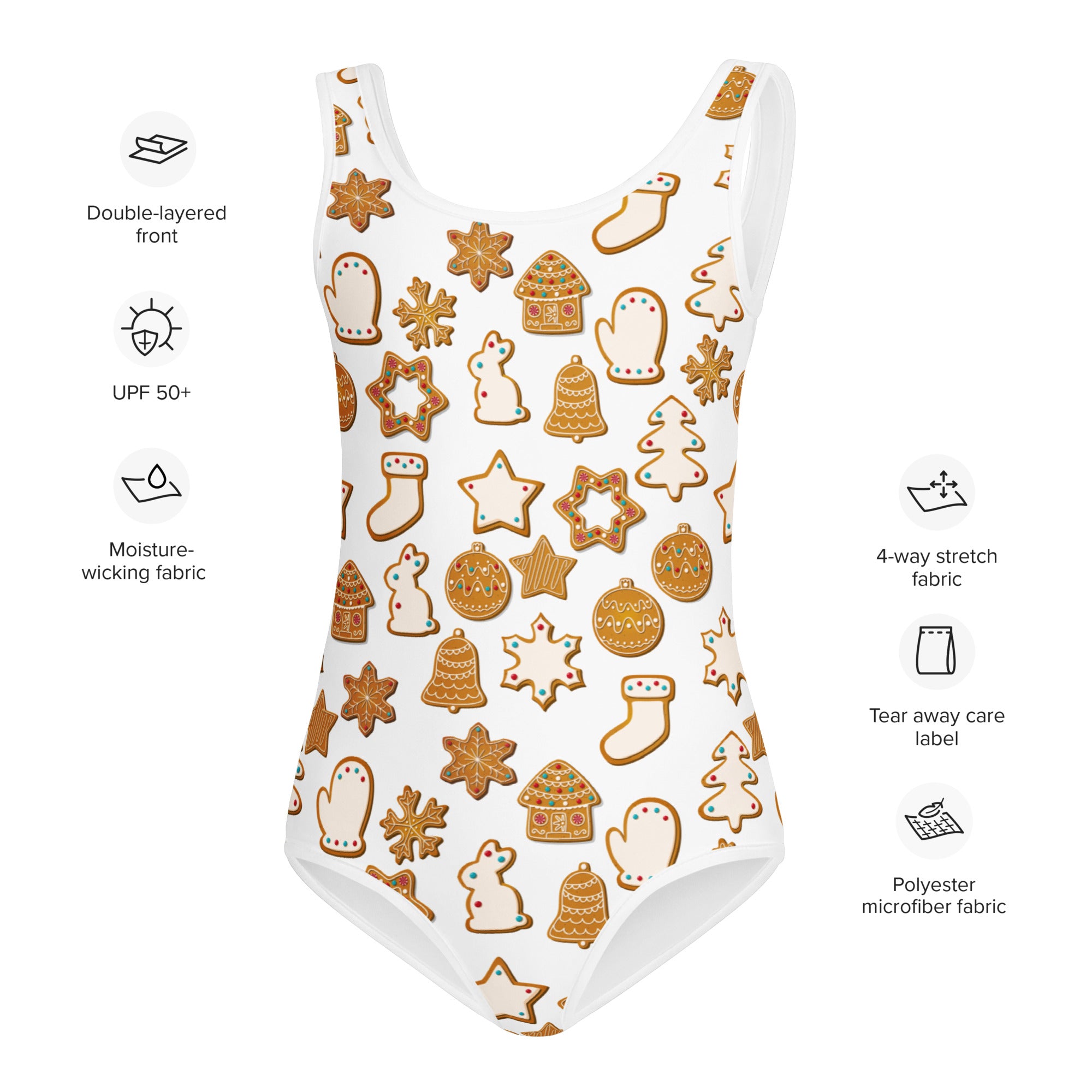 Girls white one-piece swimsuit with festive gingerbread cookie pattern and upf 50 plus buttery soft fabric