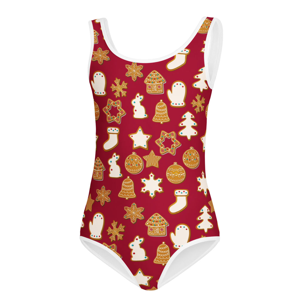 Girls red festive gingerbread cookies buttery soft quick drying one-piece swimsuit with white trim for dance and gymnastics