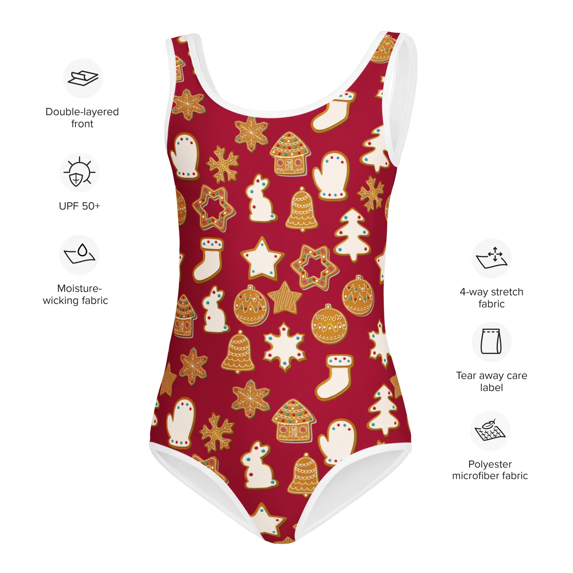 Girls red festive gingerbread cookies buttery soft leotard with white trim and quick drying fabric for dance and gymnastics