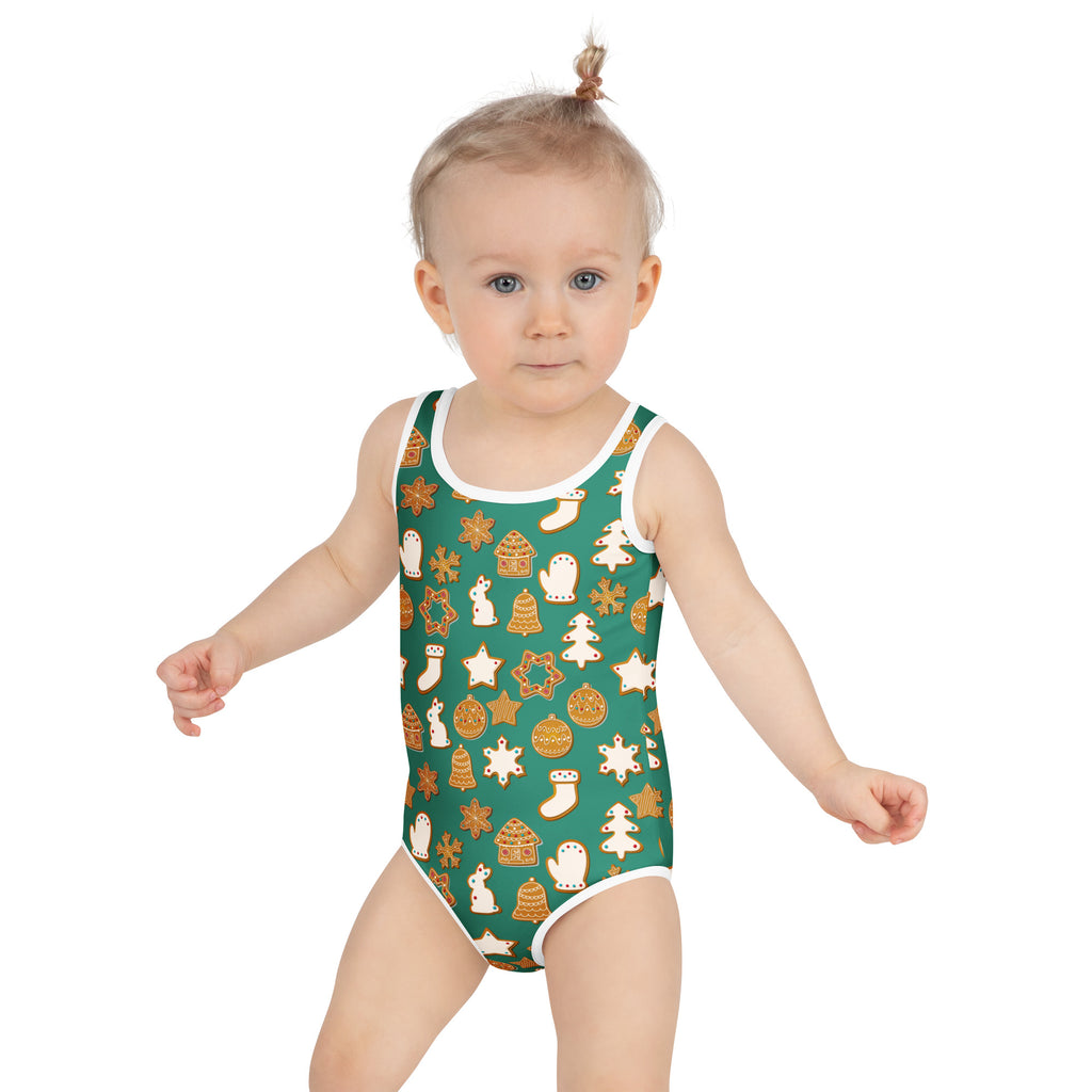 Girls green one-piece swimsuit with white and gold holiday cookie print buttery soft fabric upf 50+ protection