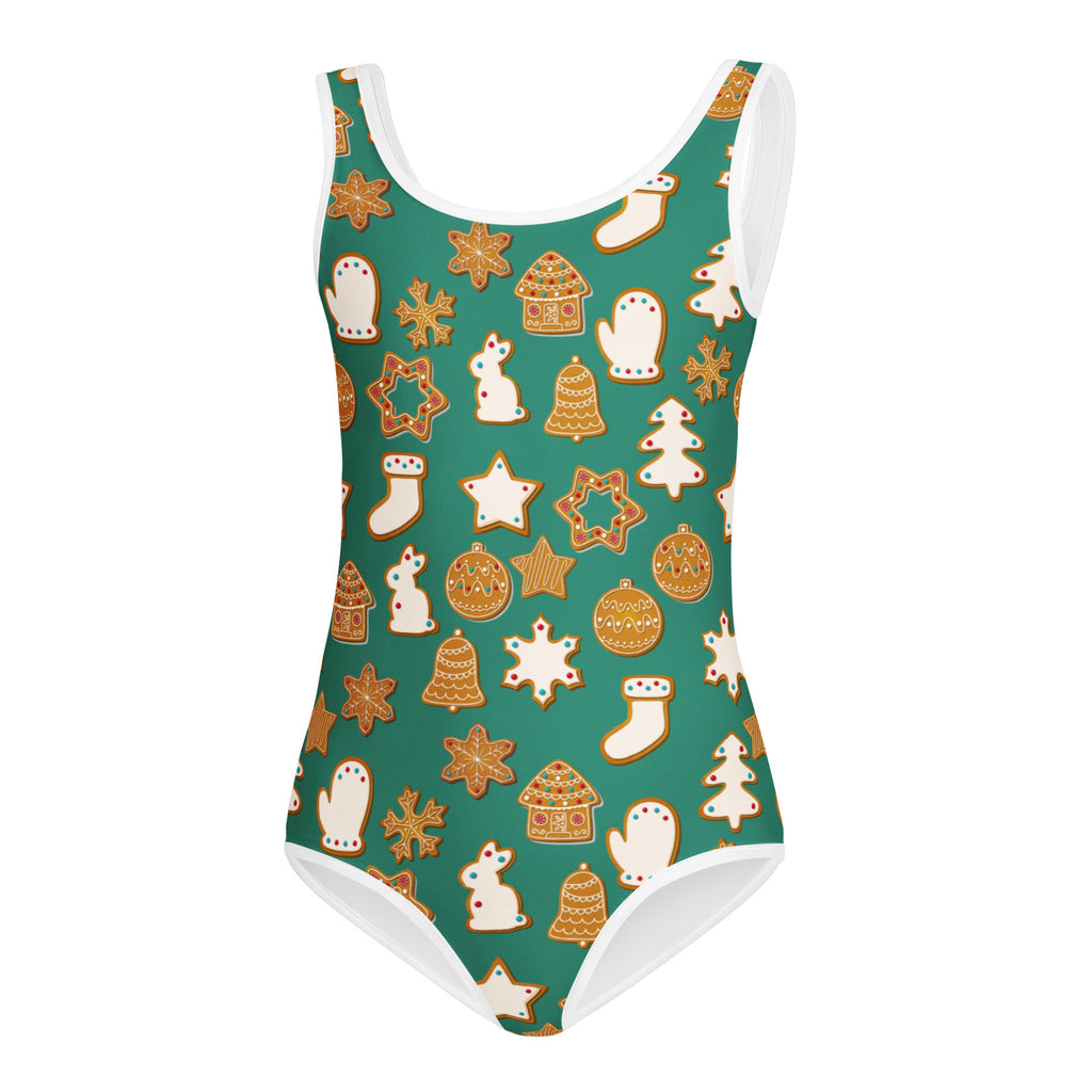 Girls green festive gingerbread cookies buttery soft one-piece swimsuit with quick drying fabric for dance and gymnastics