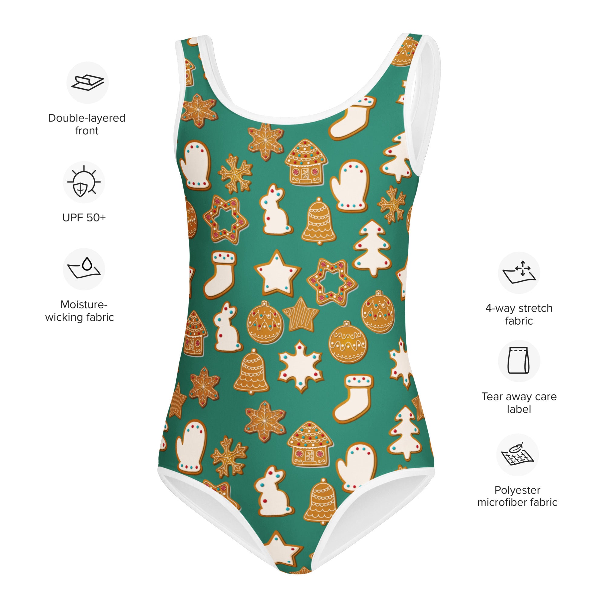 Girls green festive gingerbread cookies buttery soft one-piece swimsuit with quick drying for dance and gymnastics
