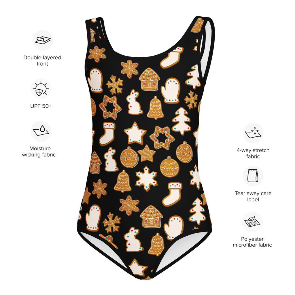 Girls black one-piece leotard with festive gingerbread cookie print in gold white and brown quick drying buttery soft