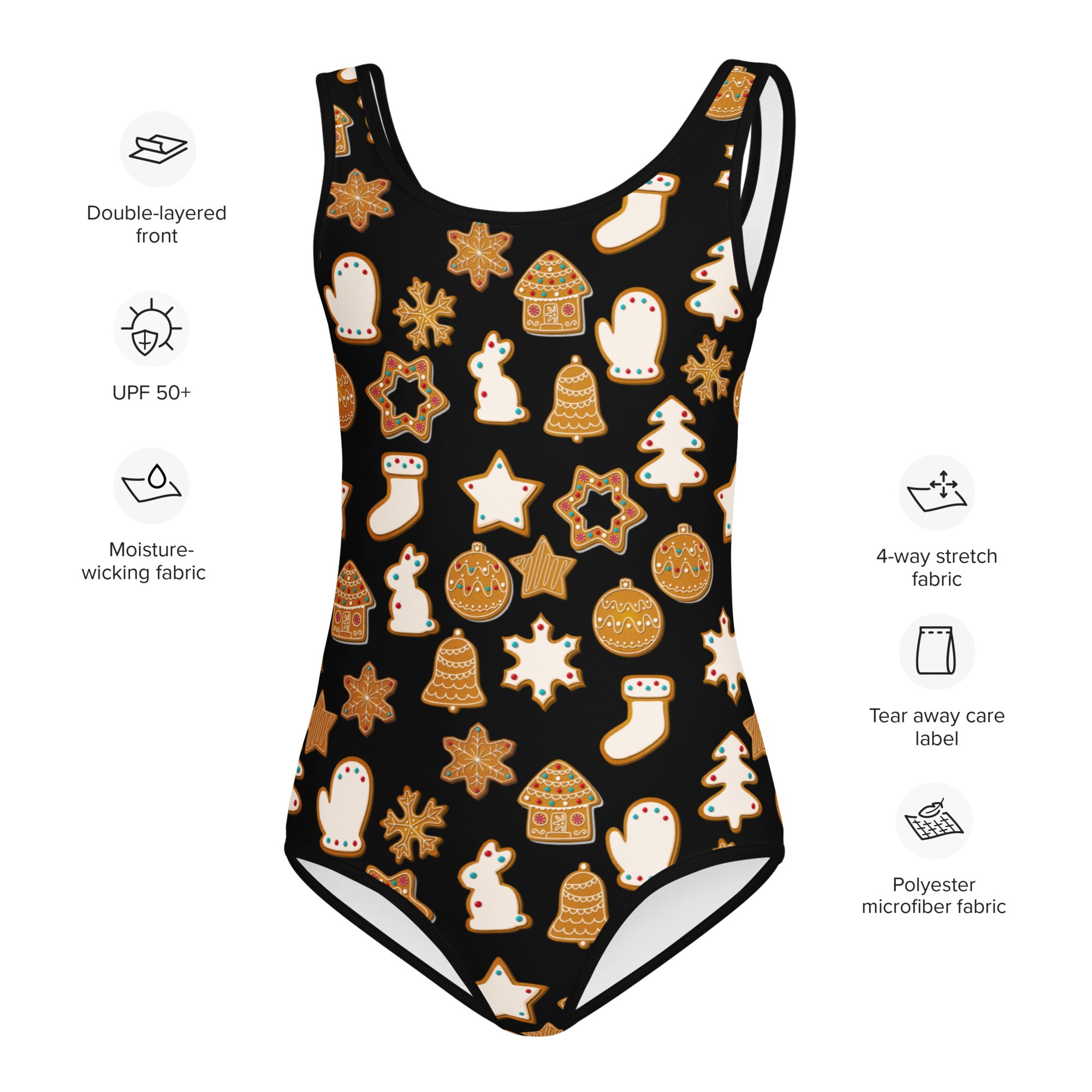 Girls black one-piece leotard with festive gingerbread cookie print in gold white and brown quick drying buttery soft