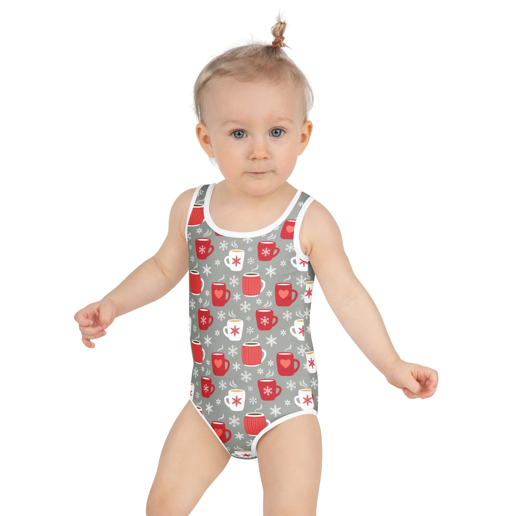 Girls cozy cocoa mug Christmas gray one-piece swimsuit with red white coffee mug and snowflake patterns UPF 50+