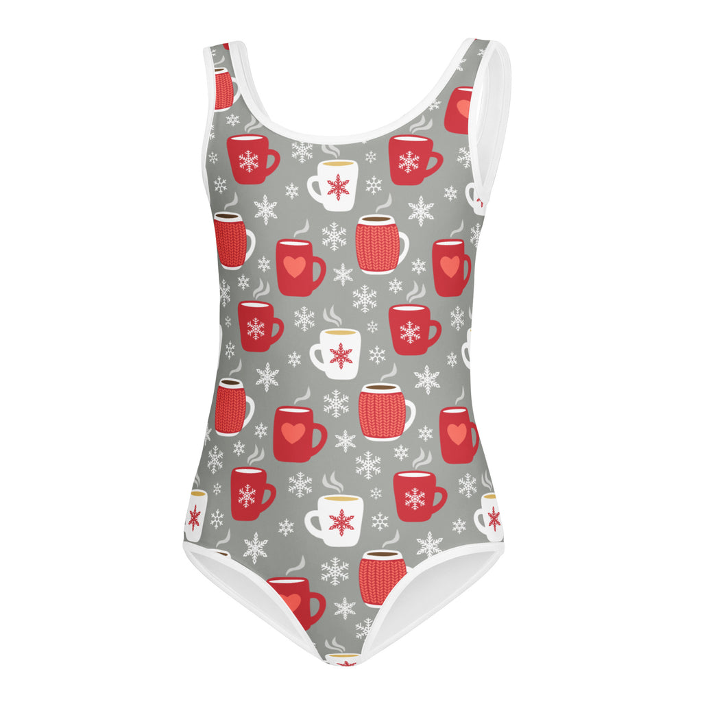 A festive gray one-piece buttery soft leotard with white trim and red mugs for dance and gymnastics
