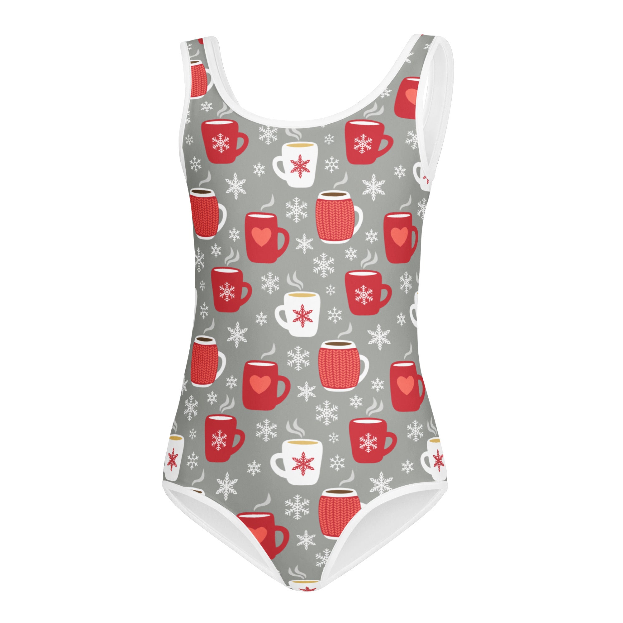 A festive gray one-piece buttery soft leotard with white trim and red mugs for dance and gymnastics