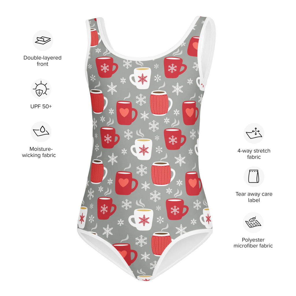 Girls gray one-piece swimsuit with red and white coffee mug snowflake pattern, double-layered front, and 4-way stretch fabric