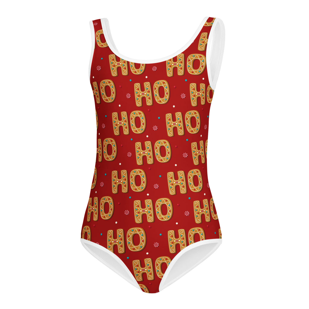 Girls ho ho ho gingerbread buttery soft red one-piece swimsuit with white trim quick drying for dance and gymnastics