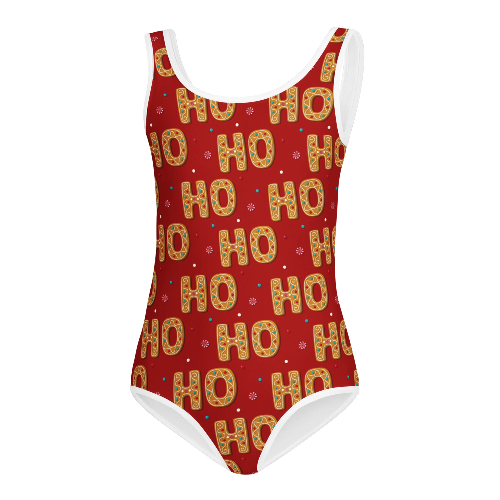 Girls ho ho ho gingerbread buttery soft red one-piece swimsuit with white trim quick drying for dance and gymnastics