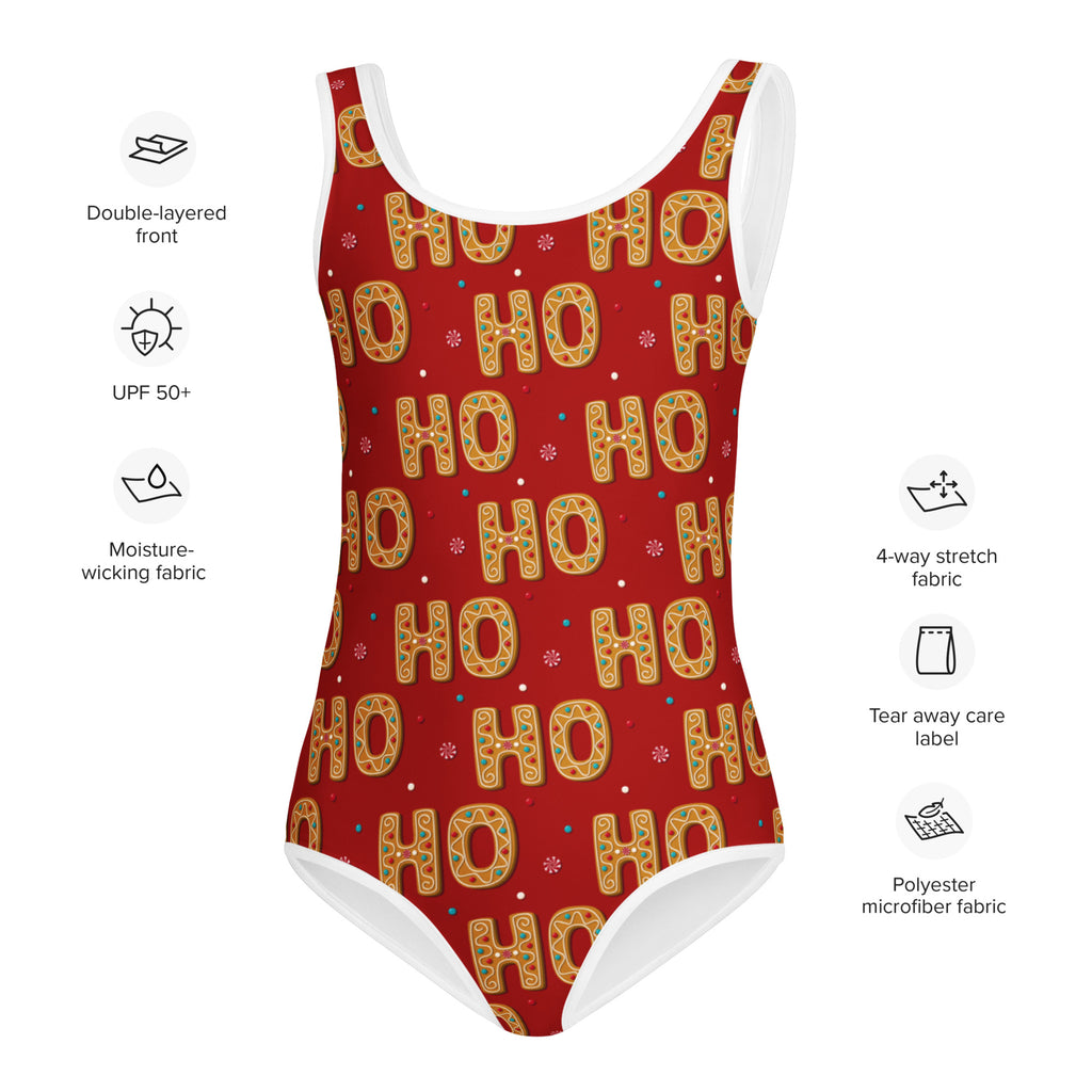 Girls red one-piece swimsuit with white trim and ho ho ho gingerbread cookie pattern buttery soft with UPF 50 plus