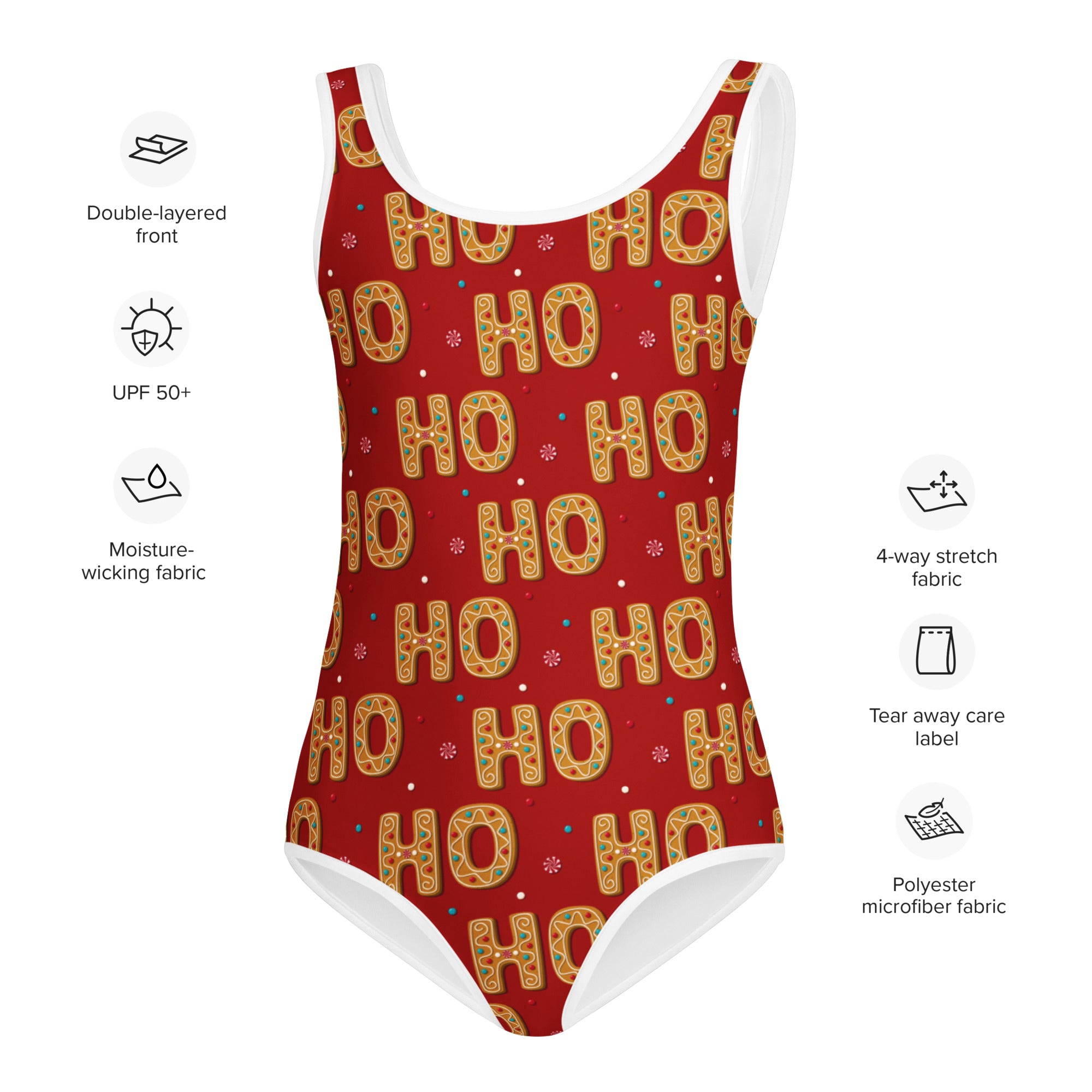 Girls ho ho ho gingerbread buttery soft red one-piece swimsuit with white trim for dance and gymnastics