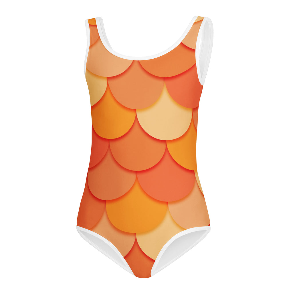 Girls orange mermaid buttery soft one-piece swimsuit with fish-scale pattern and white trim for dance and gymnastics