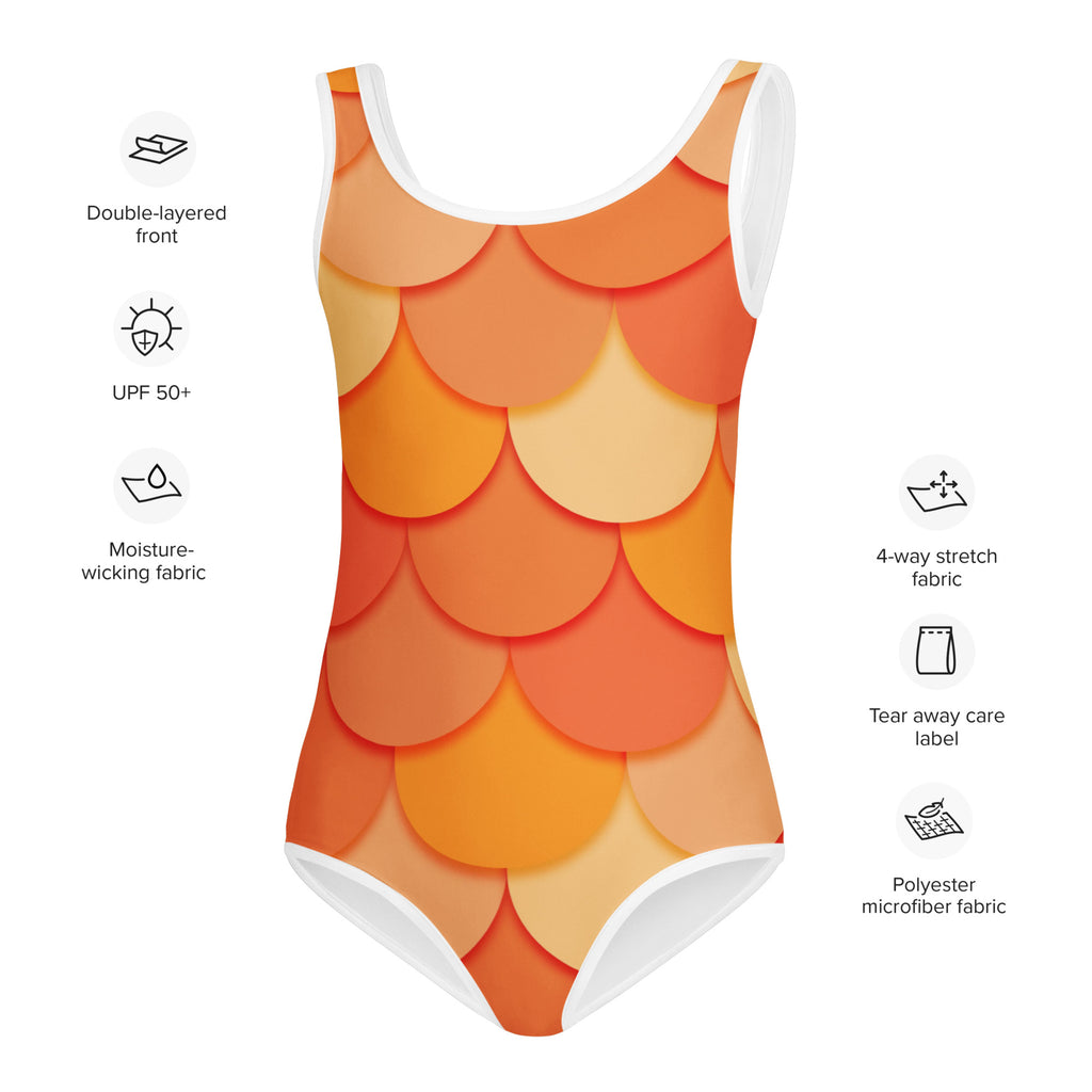 Girls orange mermaid fish-scale patterned one-piece swimsuit with white trim buttery soft fabric and UPF 50+ protection
