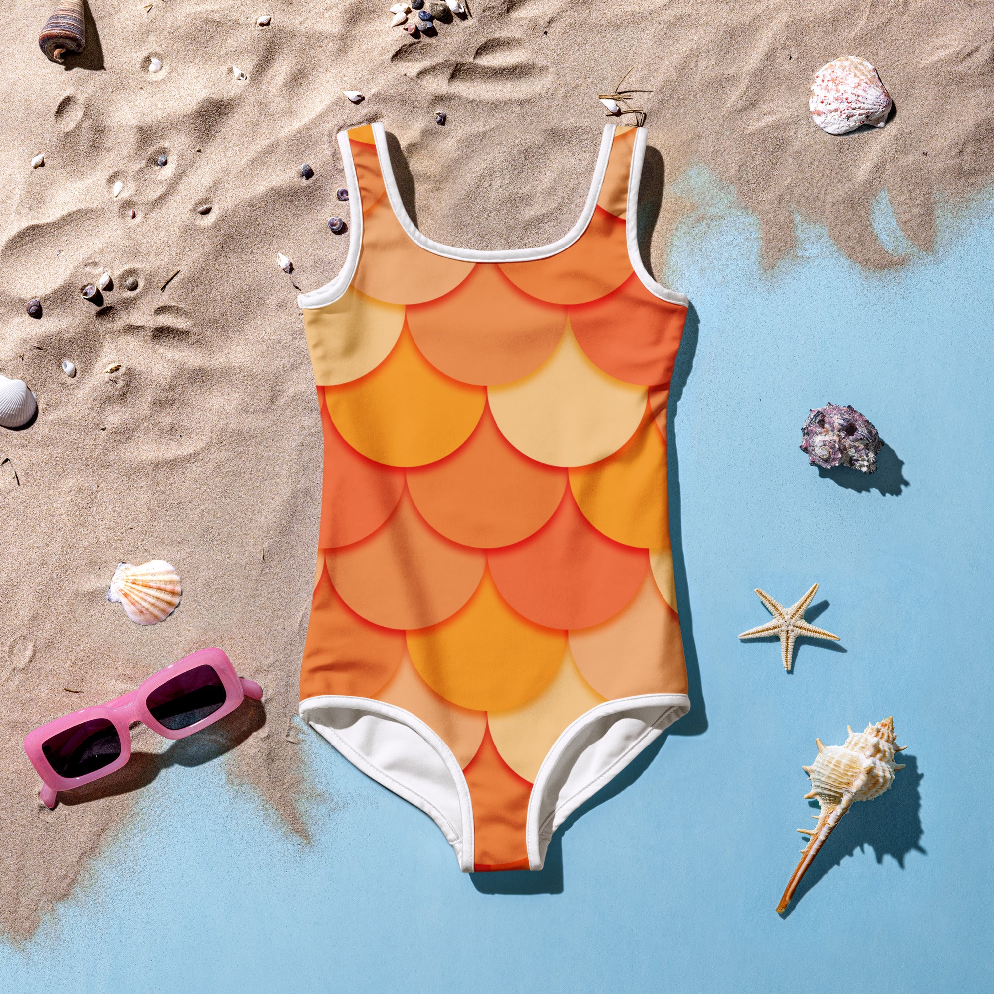 Girls orange mermaid buttery soft one-piece swimsuit with vibrant scale pattern white trim and UPF 50+ protection