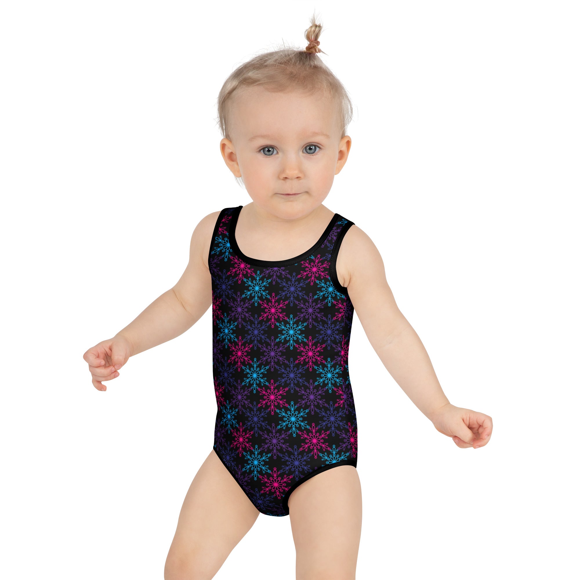 Black girls one-piece swimsuit with neon pink teal snowflake pattern buttery soft fabric and upf 50+ protection