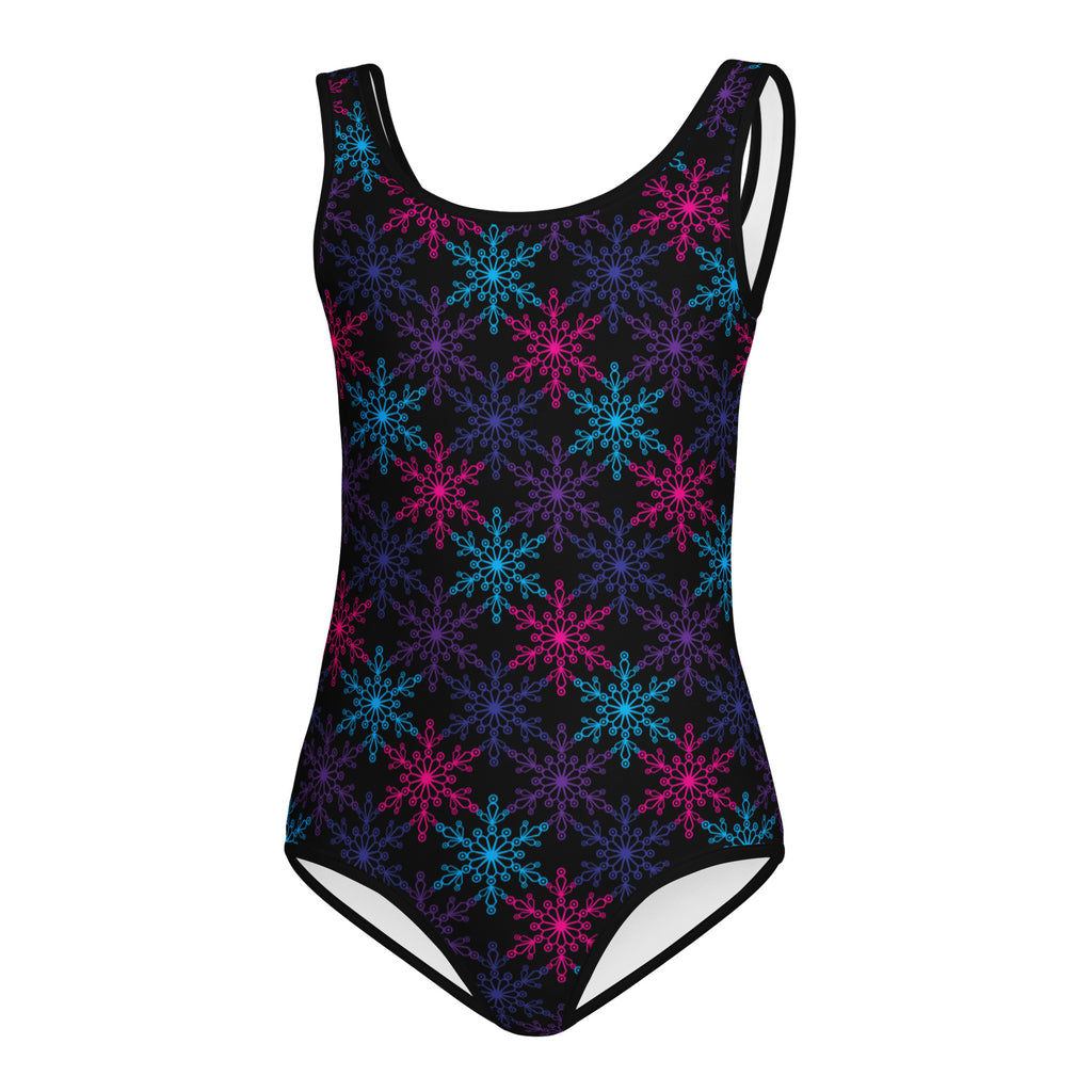 Black girls neon snowflake buttery soft quick drying leotard with vibrant pink blue and purple snowflake pattern