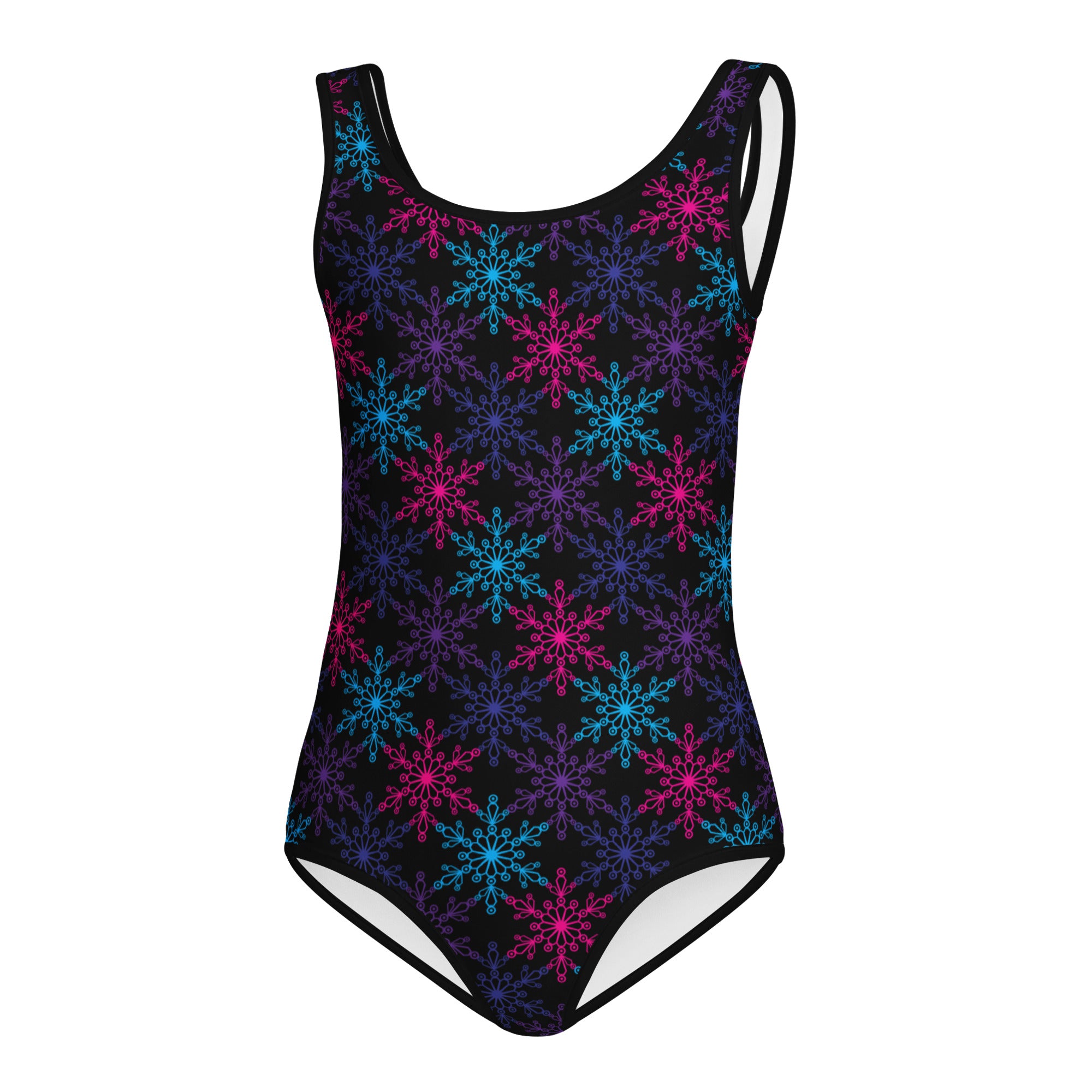 Black girls neon snowflake buttery soft quick drying leotard with vibrant pink blue and purple snowflake pattern