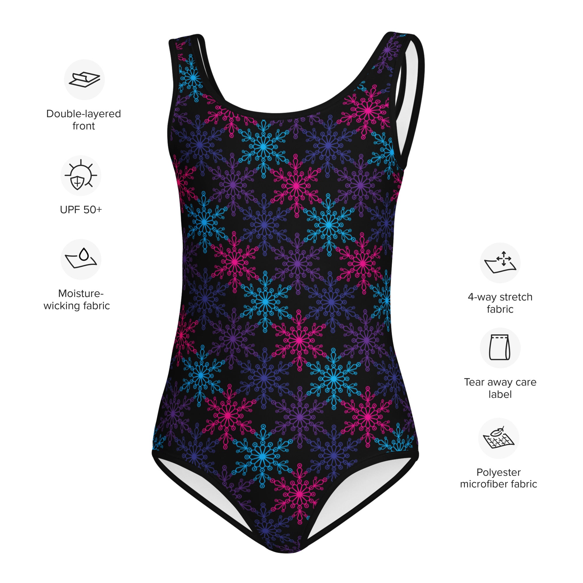 Black one-piece girls neon snowflake buttery soft swimsuit with vibrant pink blue purple snowflake pattern and upf 50+