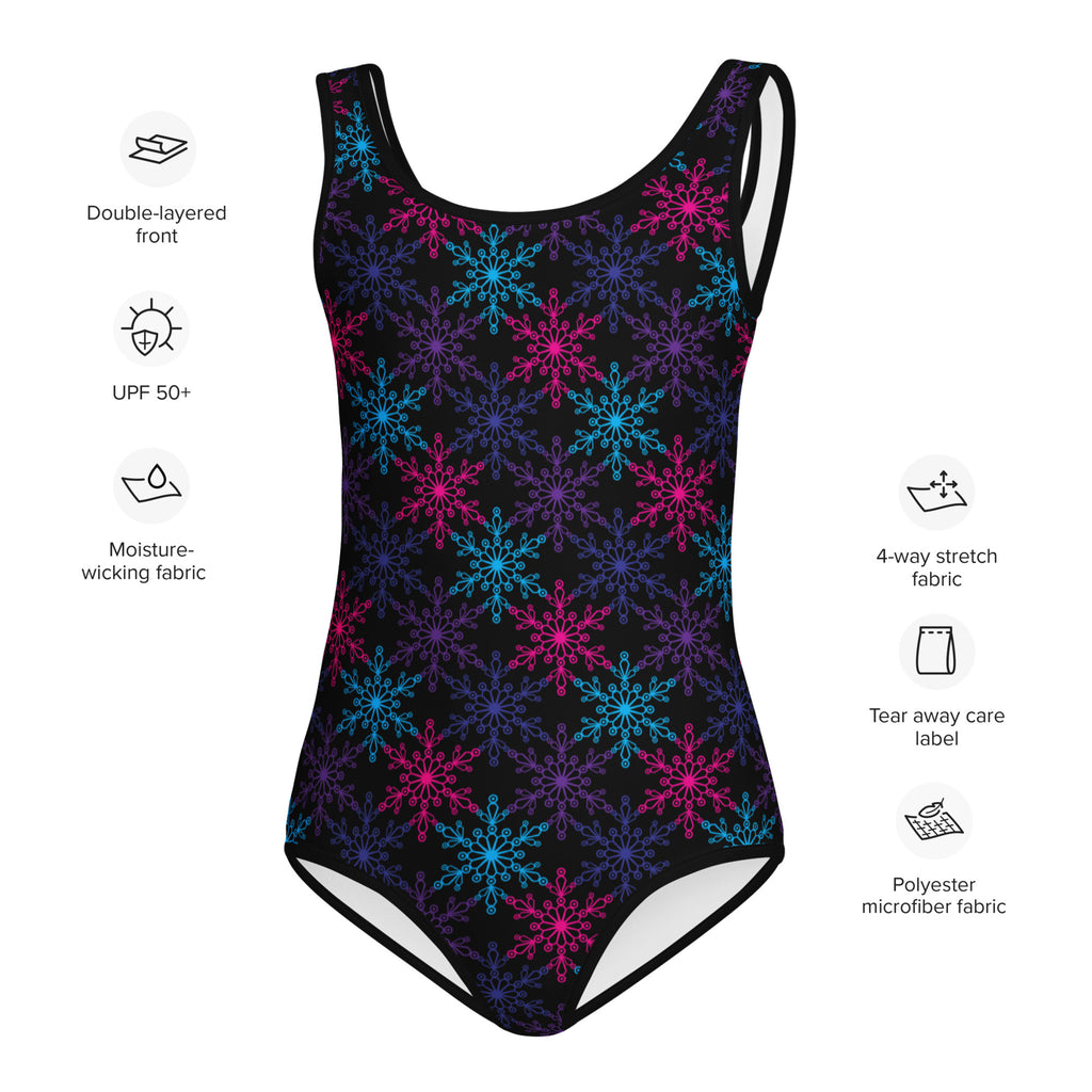 Girls neon snowflake buttery soft black leotard with vibrant pink blue purple snowflake pattern for dance gymnastics