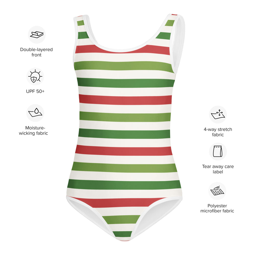 Girls festive striped buttery soft leotard in bold red and green polyester microfiber for quick drying dance and gymnastics