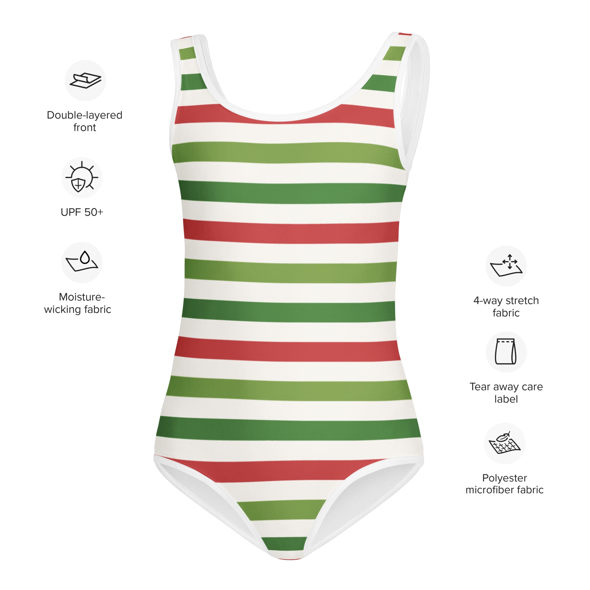 Girls festive striped buttery soft leotard in bold red and green polyester microfiber for quick drying dance and gymnastics