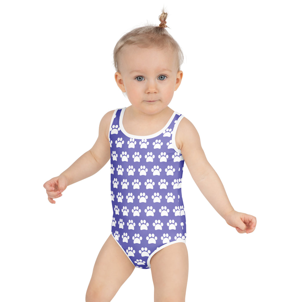 Girls purple one-piece buttery soft swimsuit with white paw print pattern white trim and upf 50 plus protection