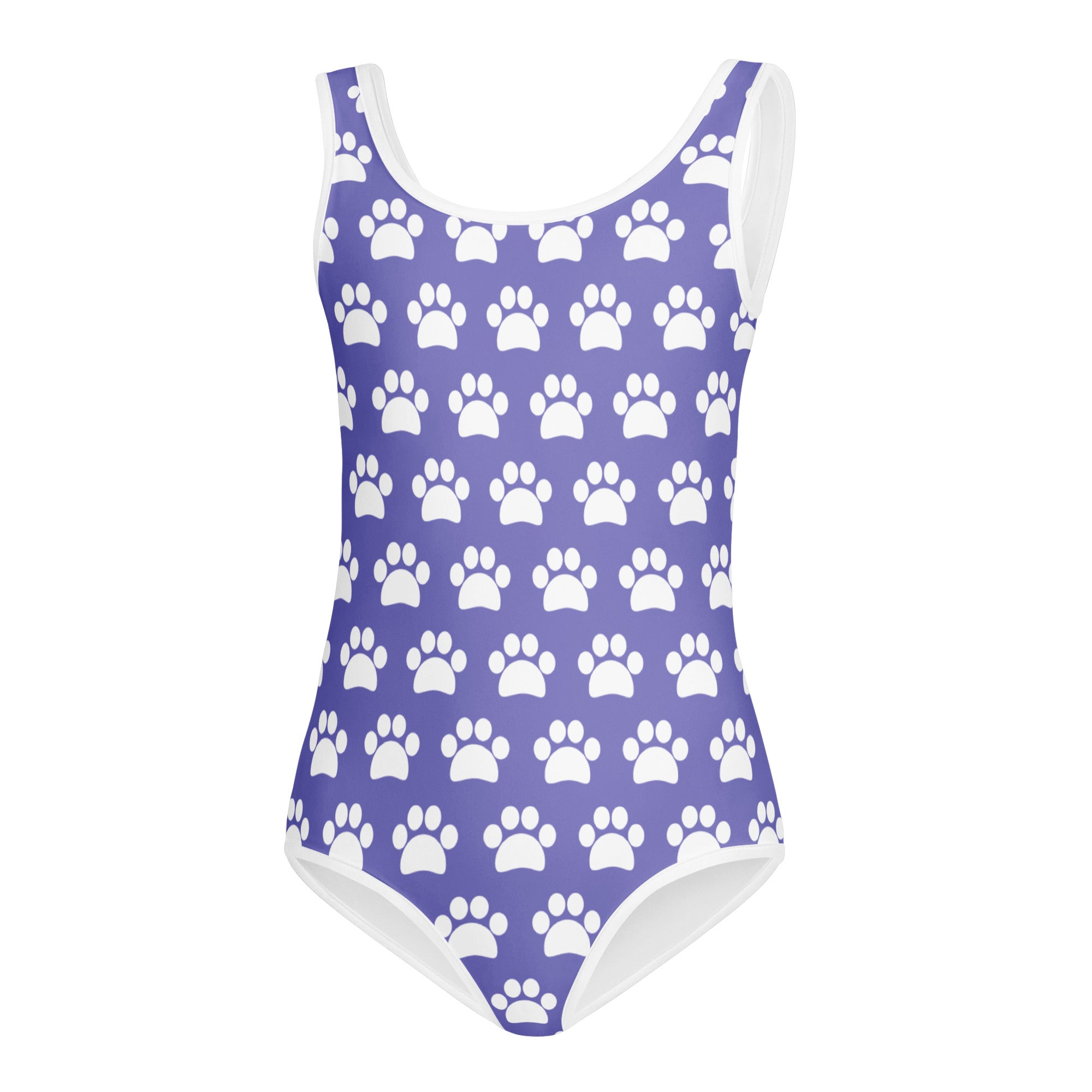 Girls purple paw print buttery soft quick drying leotard with white trim for dance and gymnastics