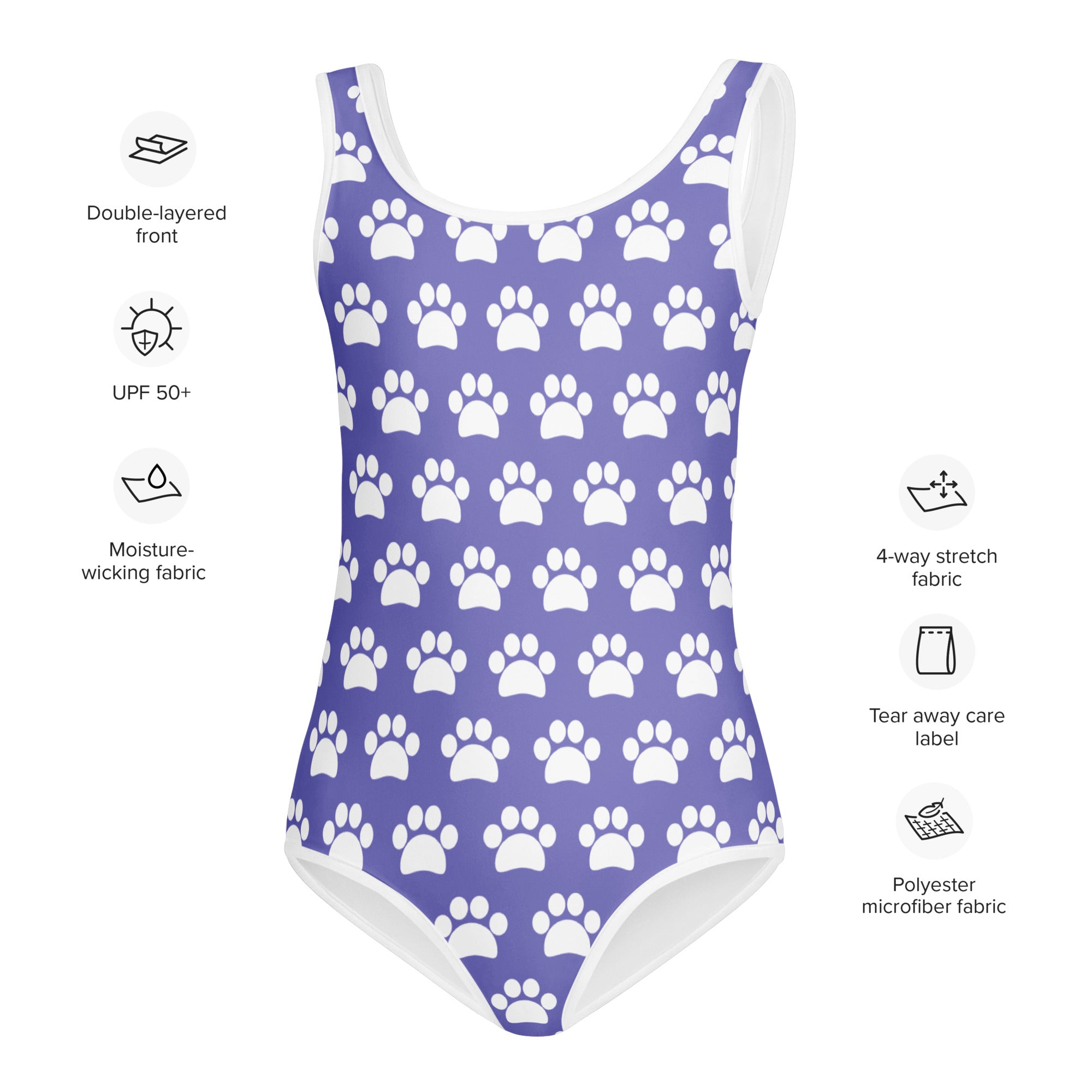 Girls purple buttery soft leotard with white paw print pattern and trim quick drying for dance and gymnastics