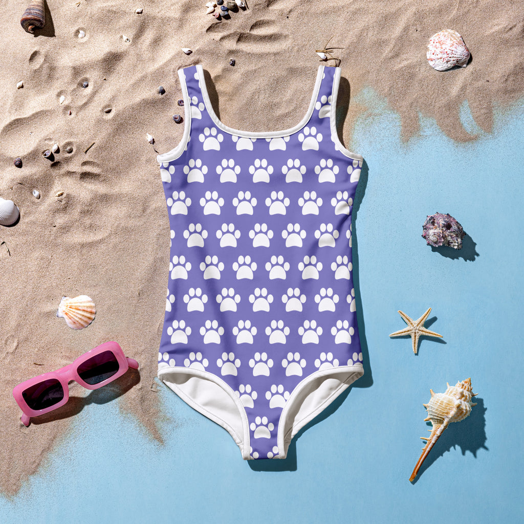 Girls purple one-piece swimsuit with white paw print pattern white trim buttery soft fabric and UPF 50+ protection