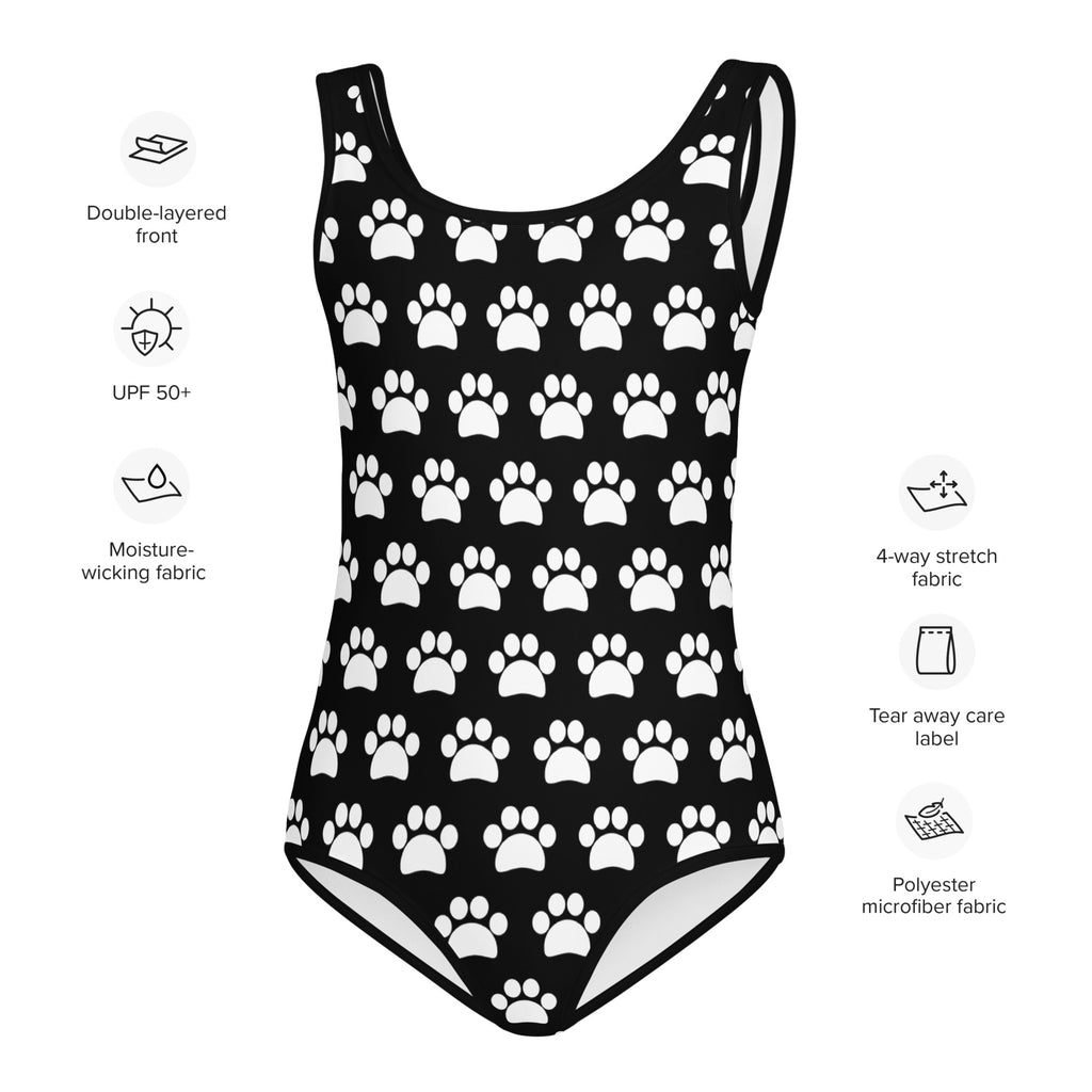 Girls black paw print buttery soft quick drying leotard for dance and gymnastics with white paw pattern