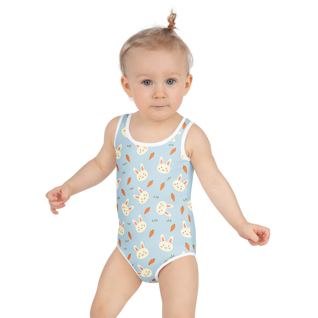 Girls bunny and carrot buttery soft light blue one-piece swimsuit with white trim and UPF 50 plus sun protection