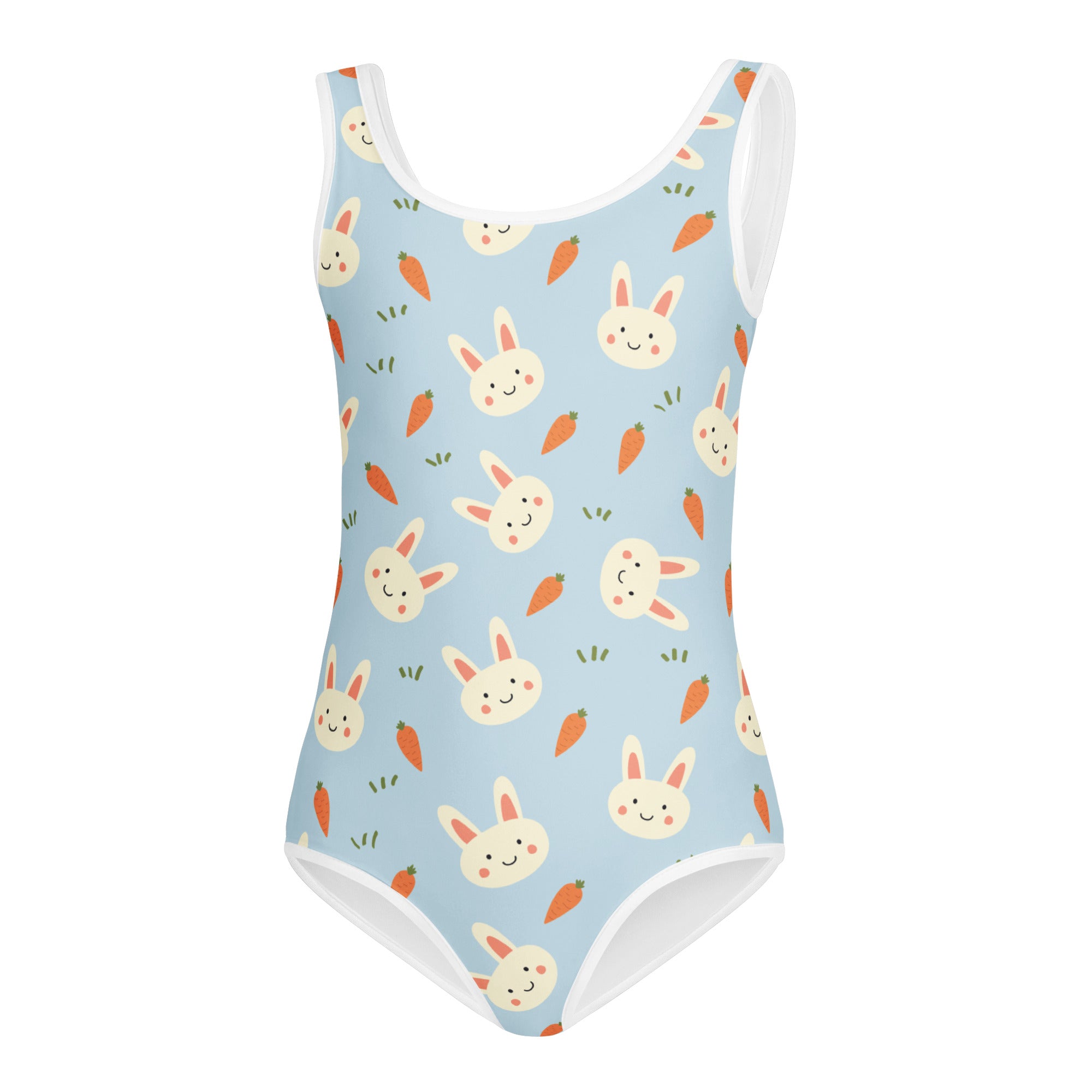 A light blue girls rabbits and carrots buttery soft quick drying leotard with playful bunny and carrot pattern