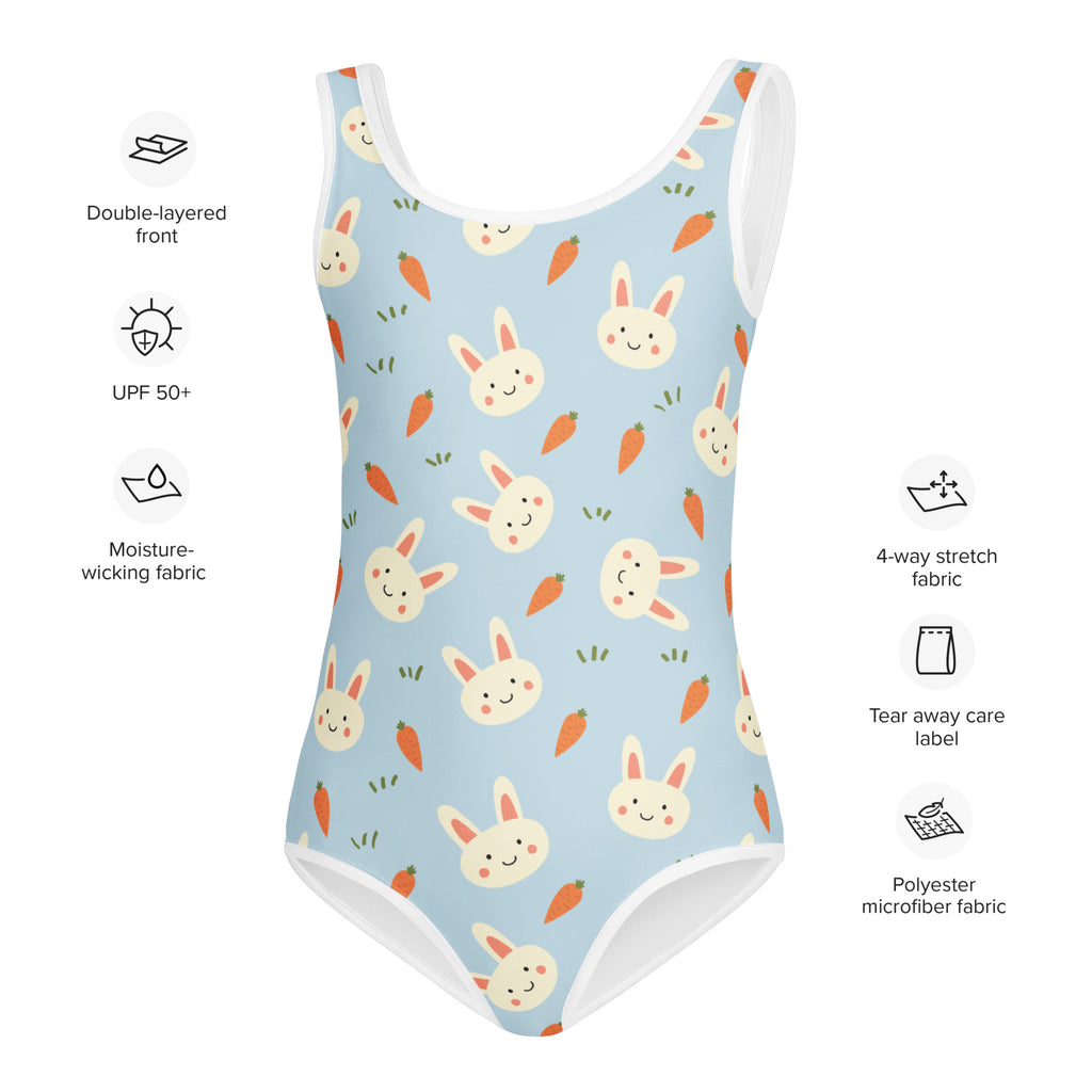 Light blue girls one-piece swimsuit with smiling white bunnies orange carrots white trim buttery soft UPF 50+