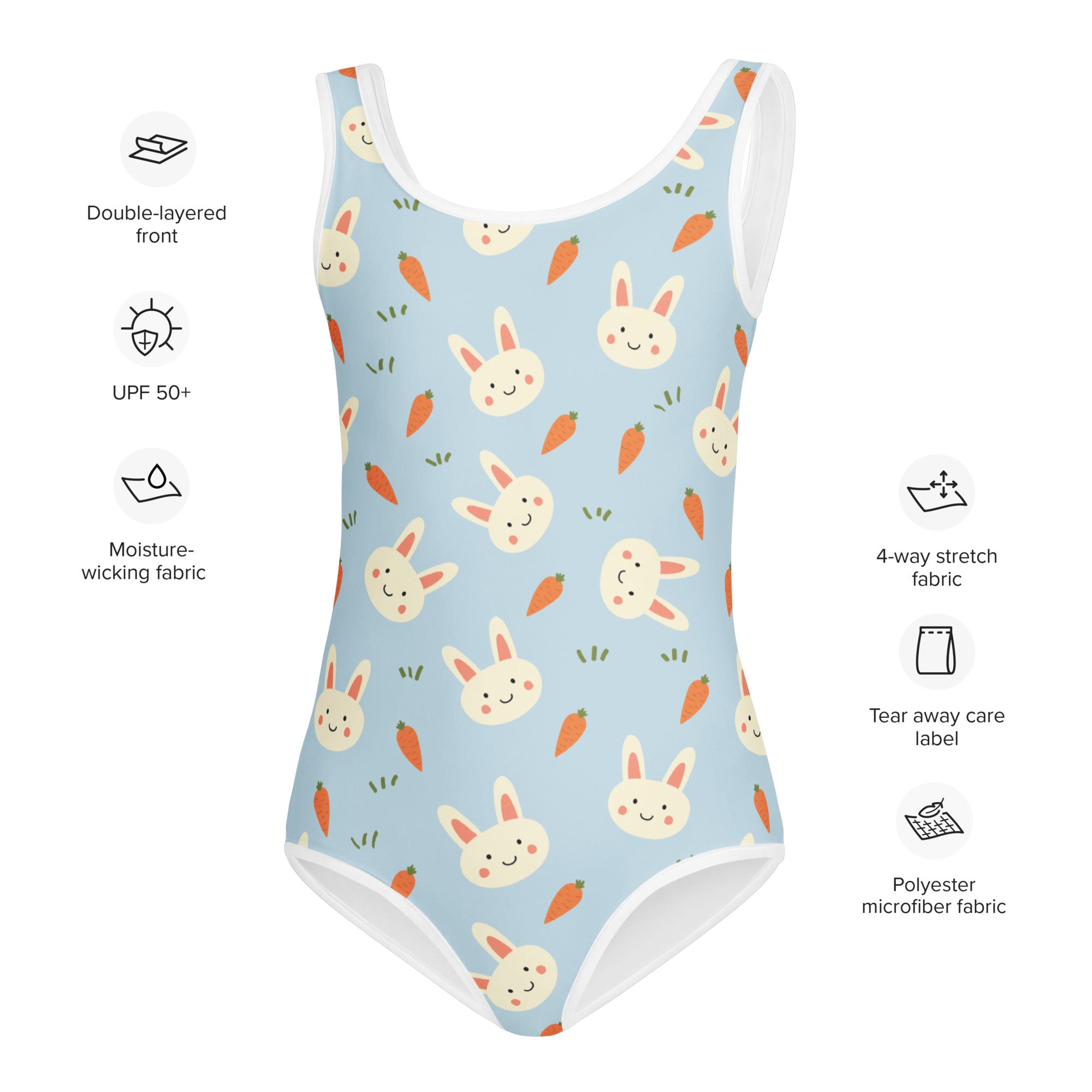 Light blue girls one-piece swimsuit with smiling white bunnies orange carrots white trim buttery soft UPF 50+