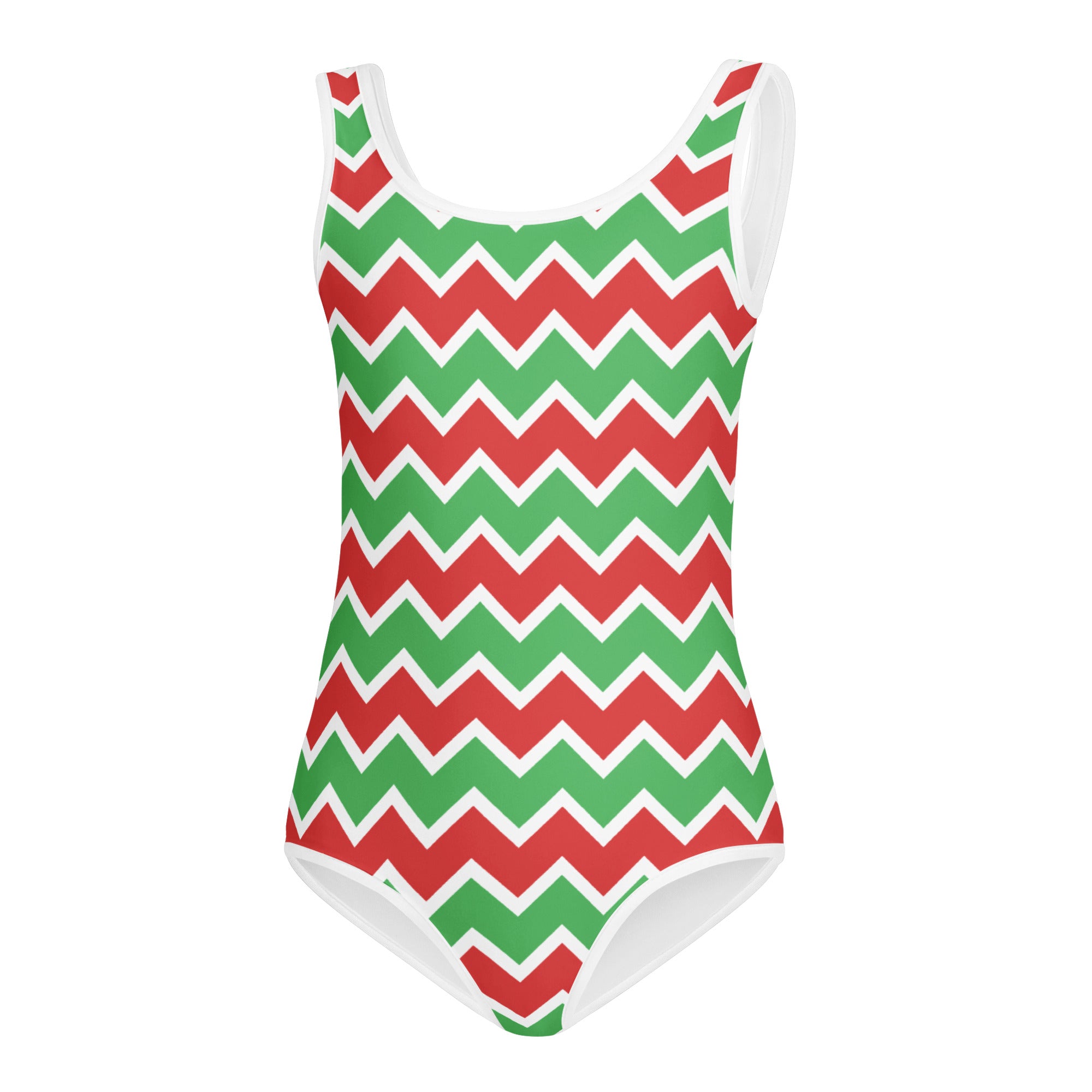 A girls Christmas zigzag pattern buttery soft leotard in red green with white trim for dance and gymnastics