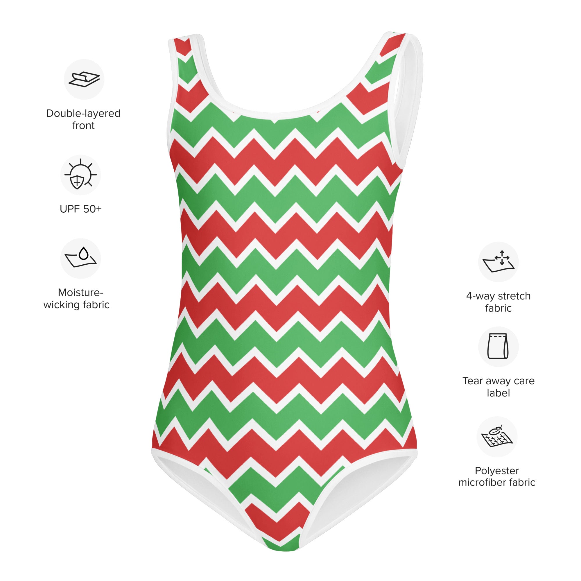 A vibrant red and green chevron-patterned girls Christmas leotard with white trim buttery soft quick drying